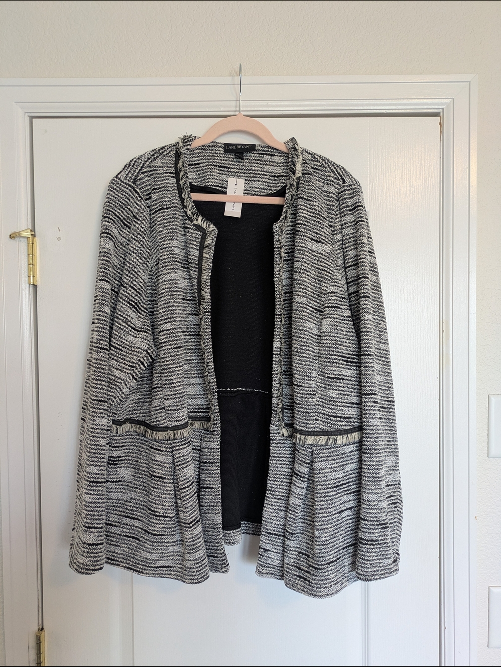 Lane Bryant Black & White Textured Open-Front Cardigan Jacket
